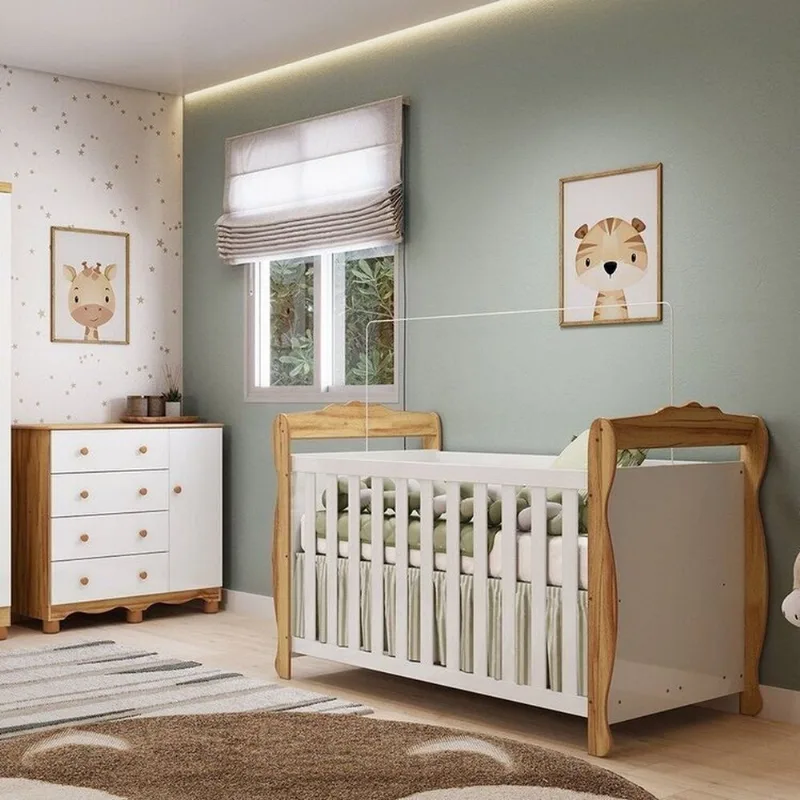 Quarto de Bebê com Berço Americano e Cômoda 1 Porta Nina Espresso Móveis Branco/Brilho/Amêndoa Branco Brilho/Amêndoa