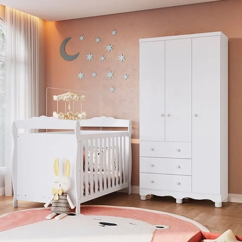 Quarto de Bebê com Berço Minicama e Guarda-Roupa 3 Portas 100% MDF Nina Espresso Móveis Branco/Brilho Branco Brilho