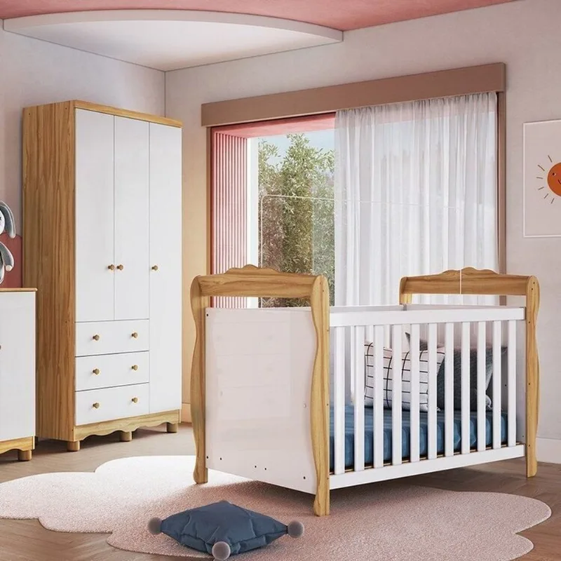 Quarto de Bebê com Berço Minicama e Guarda-Roupa 3 Portas 100% MDF Nina Espresso Móveis Branco/Brilho/Amêndoa Branco Brilho/Amêndoa