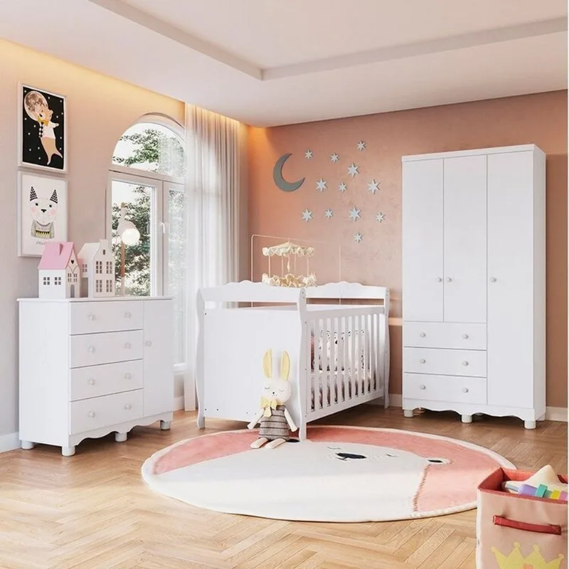 Quarto de Bebê Completo Berço 3 em 1, Guarda-Roupa 3 Portas e Cômoda 100% MDF Nina Espresso Móve Branco Brilho