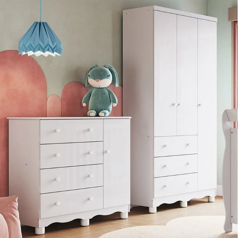Quarto Infantil com Guarda-Roupa 3 Portas e Cômoda 1 Porta 100% MDF Mimo Espresso Móveis Branco/Brilho Branco Brilho