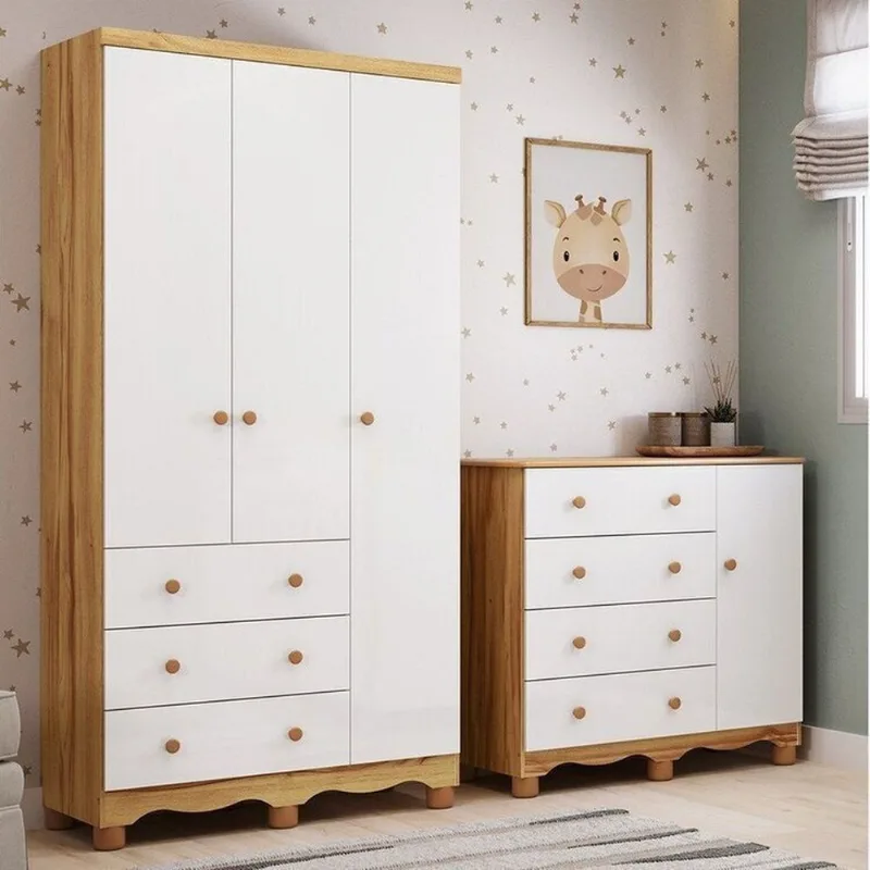Quarto Infantil com Guarda-Roupa 3 Portas e Cômoda 1 Porta 100% MDF Mimo Espresso Móveis Branco/Br Branco Brilho/Amêndoa