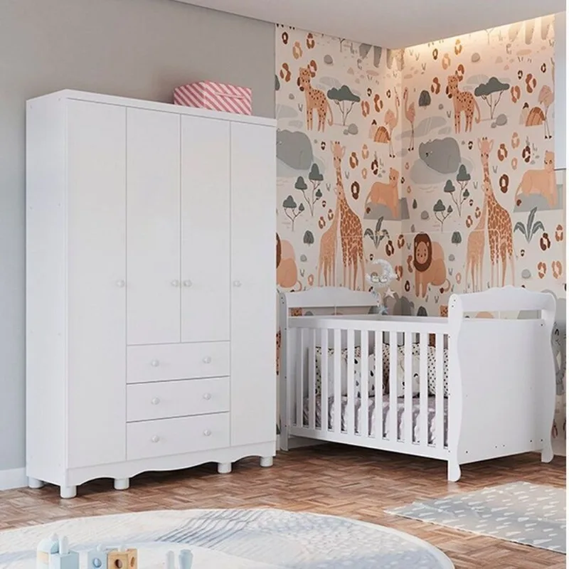 Quarto de Bebê com Guarda-Roupa 4 Portas e Berço Minicama 100% MDF Nina Espresso Móveis Branco/Br Branco Brilho