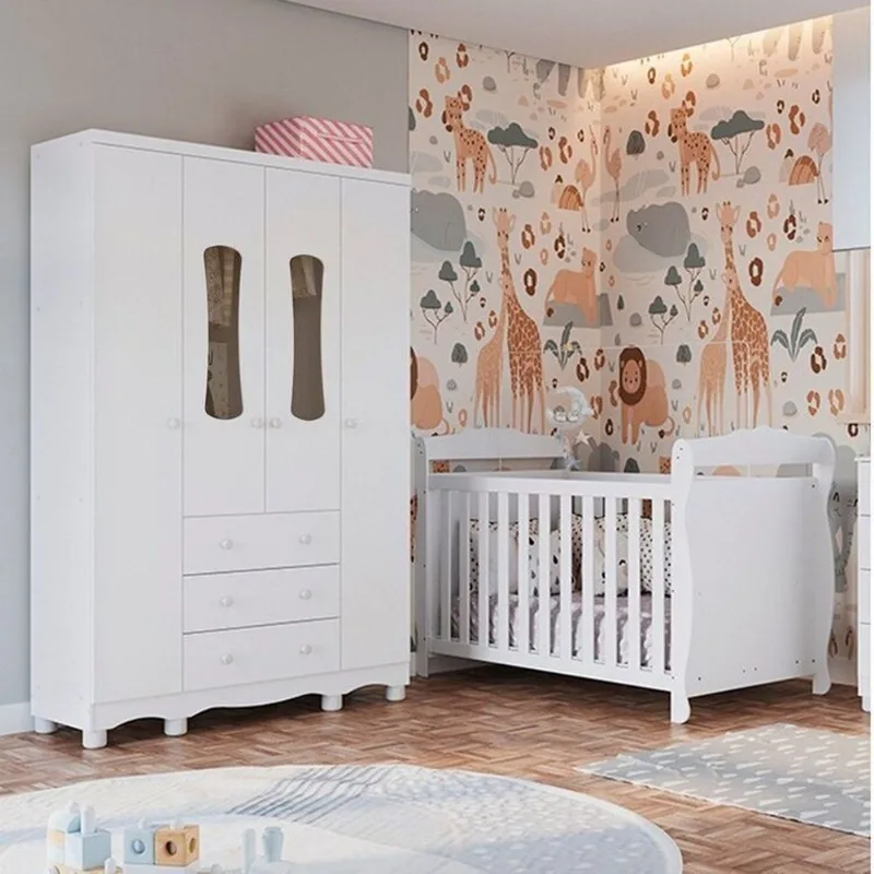 Quarto de Bebê com Berço 3 em 1, Guarda-Roupa 4 Portas 100% MDF Aurora Espresso Móveis Branco/Bri Branco Brilho