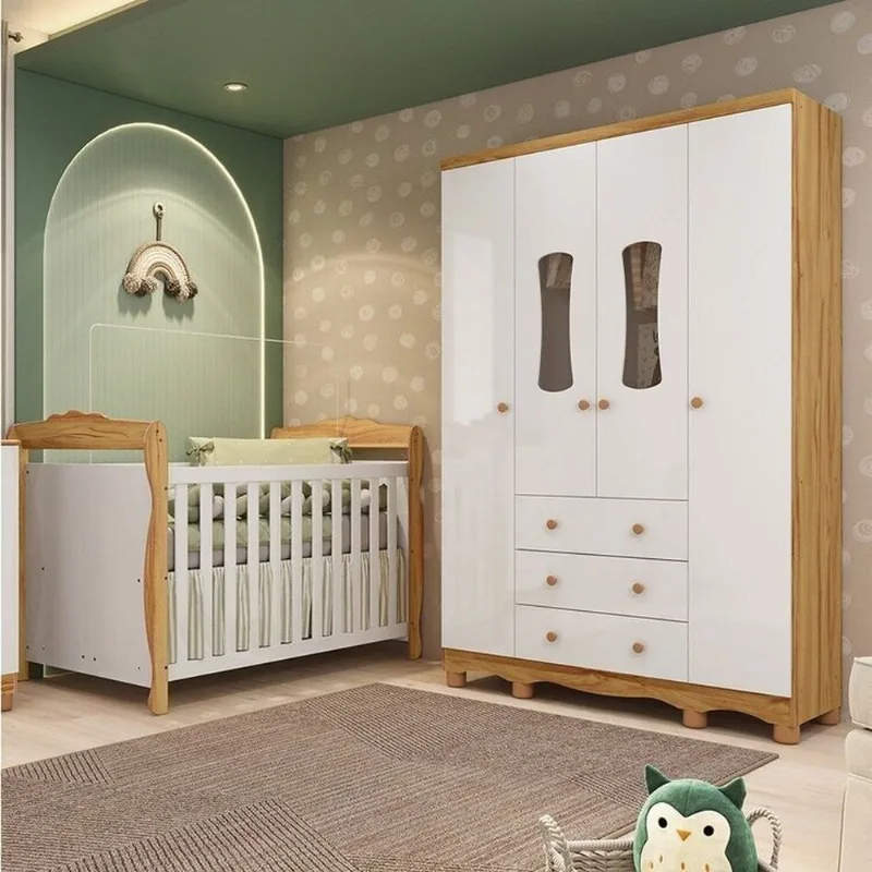 Quarto de Bebê Guarda-Roupa 4 Portas com Janelas e Berço Minicama 100% MDF Aurora Espresso Móveis Branco/Brilho/Amêndoa Branco Brilho/Amêndoa