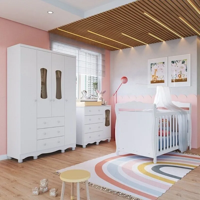 Quarto de Bebê Completo Berço 3 em 1, Guarda-Roupa 4 Portas e Cômoda 100% MDF Aurora Espresso Móveis Branco/Brilho Branco Brilho