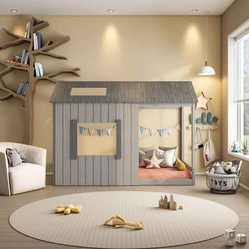 Cama Infantil Montessoriana Cabana Pkolino Cinza/Escuro Cinza/Cinza Escuro