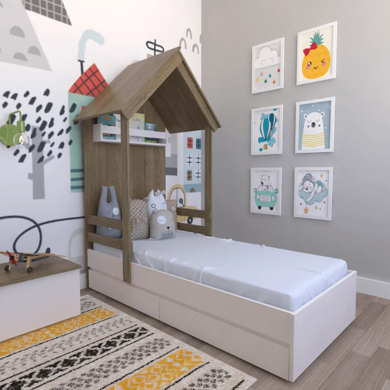 Cama Infantil Lara com Gavetas 157cm x 153cm Branco/Carvalho Mel Branco/Carvalho Mel