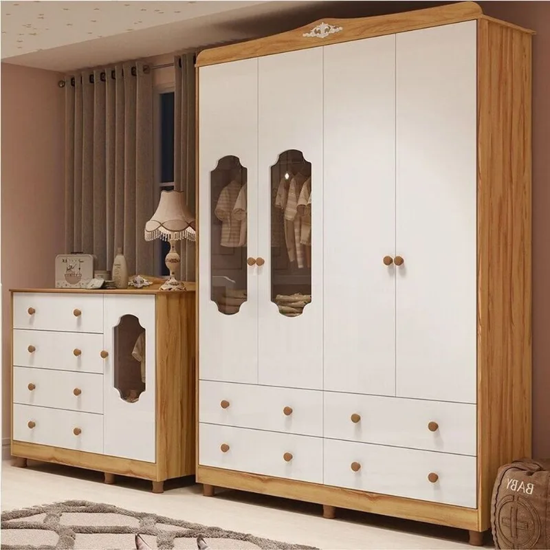 Quarto de Bebê com Guarda-Roupa e Cômoda Janelados 100% MDF Mateo Provençal Yescasa Branco/Brilho/Am Branco Brilho/Amêndoa