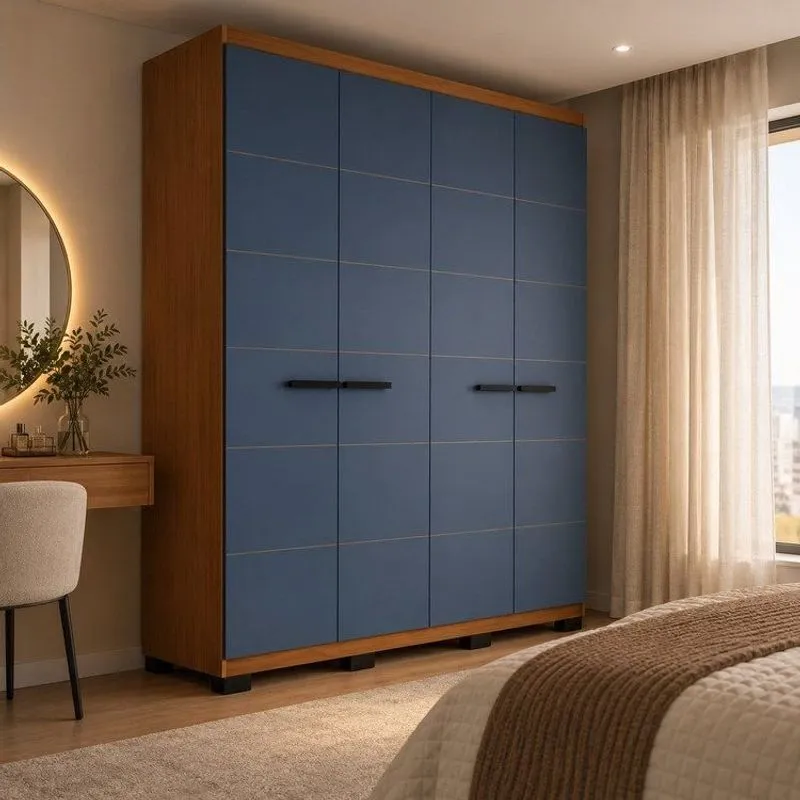 Guarda Roupa 4 Portas 4 Gavetas Lisboa Azul/freijó Freijó/azul
