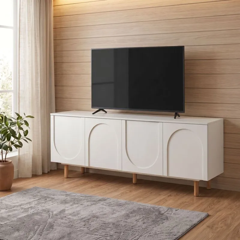 Rack Para Tv Até 60 Polegadas 160cm Pés Em Madeira Maciça Portas Orgânicas Branco Branco