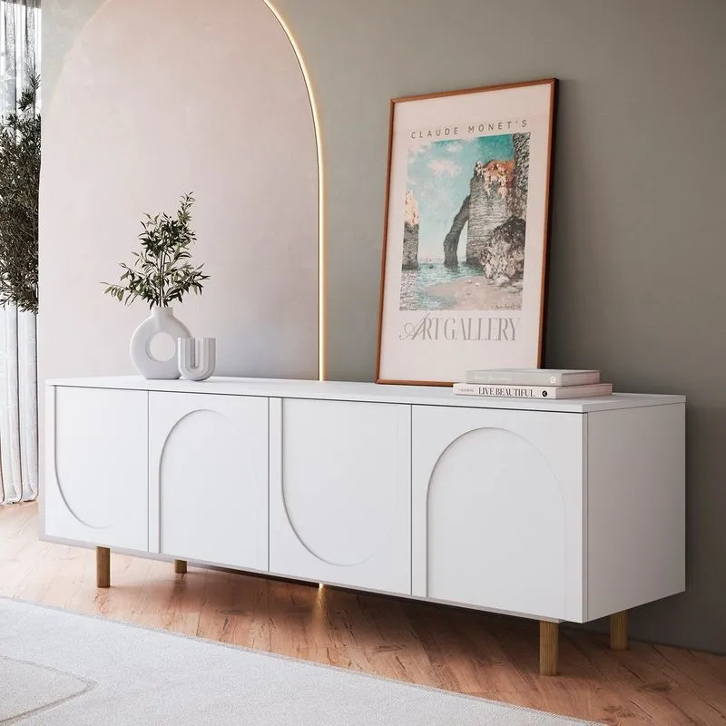 Rack Para Tv Até 60 Polegadas 180cm Pés Em Madeira Maciça Portas Orgânicas Branco Branco