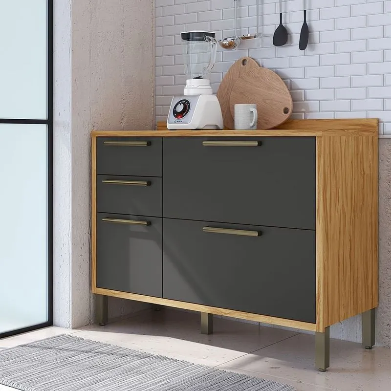Balcão De Cozinha 120cm Com 2 Portas Basculantes 3 Gavetas E Tampo 100% Mdf Vicenza Espresso Móveis Cinza/amêndoa/cinza Amêndoa/cinza