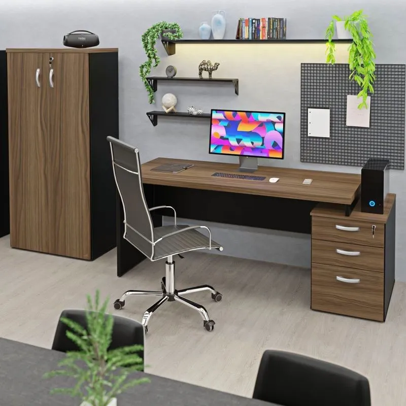 Conjunto Mesa Pedestal E Armário Alto Escritório Nogal Preto Marrom Nogal / Preto