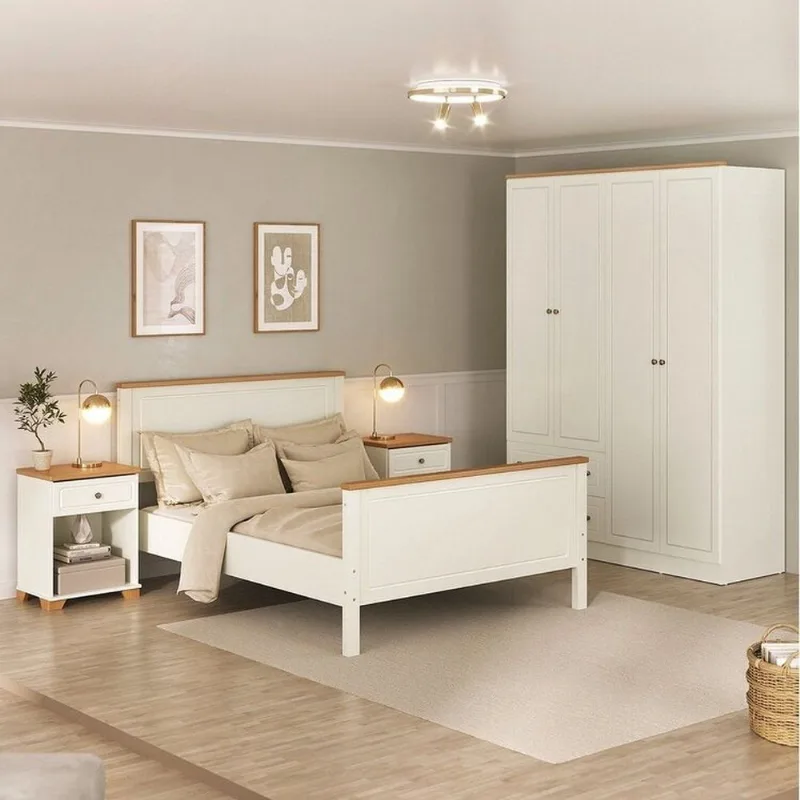 Conjunto Cama Casal, Guarda-Roupa 4 Portas 2 Mesas de Cabeceira Ananda CabeCasa MadeiraOriginals Beg Off White/Mel