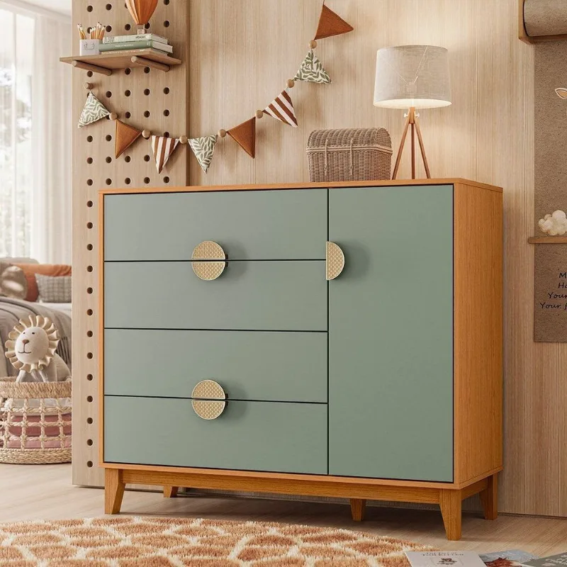 Cômoda Infantil 4 Gavetas e 1 Porta Kid em MDF Marrom/Cinamomo/Sálvia Cinamomo / Sálvia