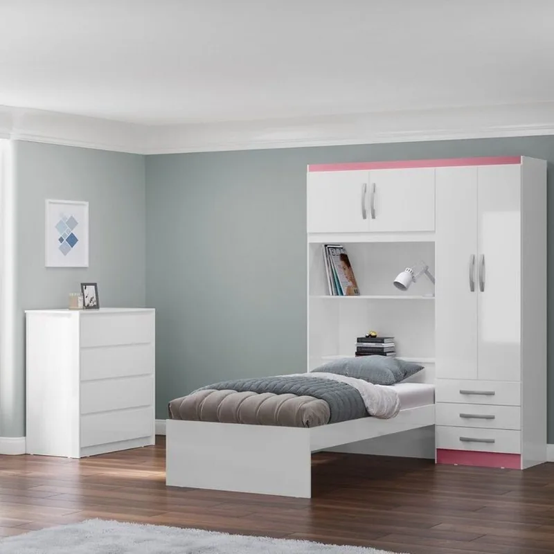Conjunto Infantil Guarda-Roupa com Cama Lisboa 4 Portas e 3 Gavetas com Cômoda Carla 4 Gavetas Bran Branco/Rosa