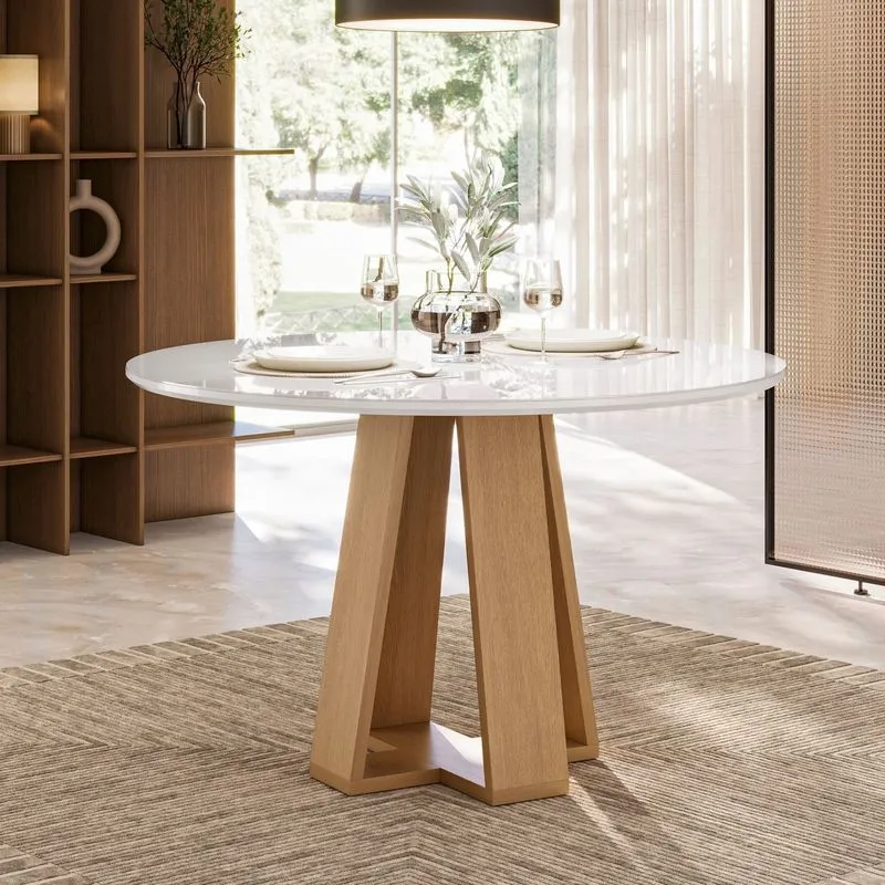 Mesa Redonda Com Tampo De Vidro Moderno Amarelo/mel/off White Mel/off White