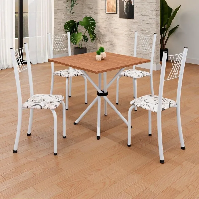 Conjunto De Mesa Tubular 70x70cm Tampo Em Mdf 4 Cadeiras Sara Branco/arabesco Arabesco/ Branco