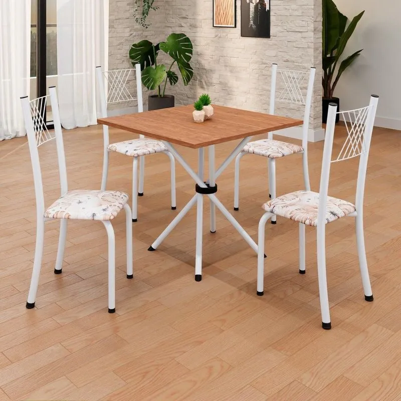 Conjunto De Mesa Tubular 70x70cm Tampo Em Mdf 4 Cadeiras Sara Branco/botanic Bege Botanic Bege / Branco