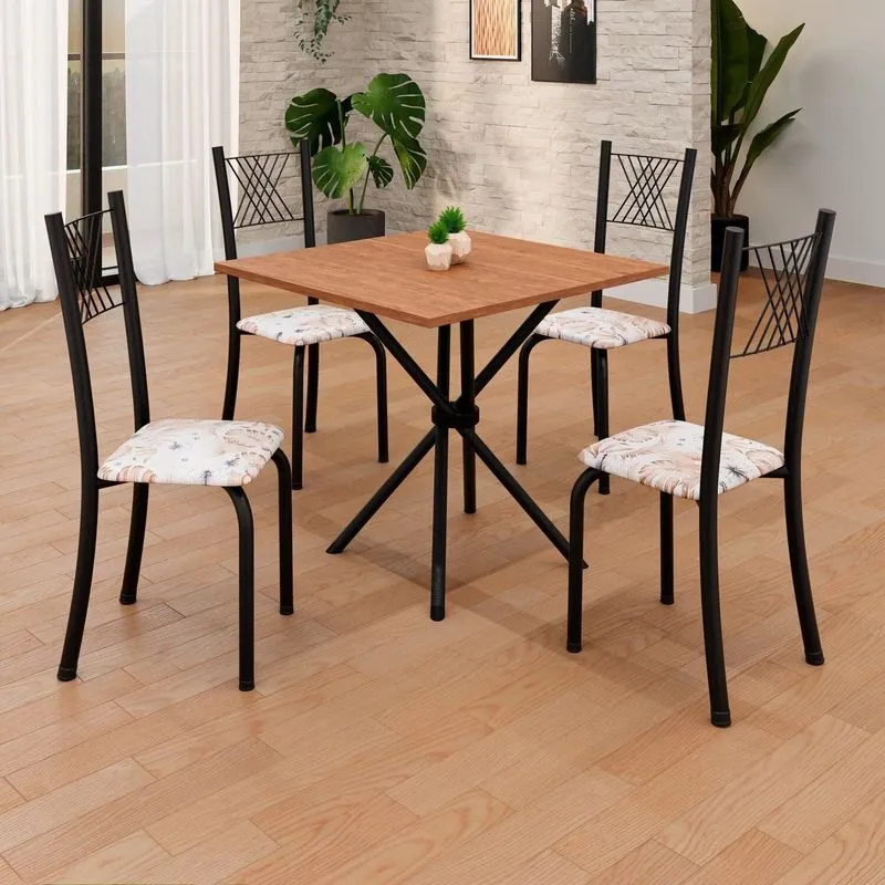 Conjunto De Mesa Tubular 70x70cm Tampo Em Mdf 4 Cadeiras Sara Preto/botanic Bege/txt Botanic Bege / Preto Txt