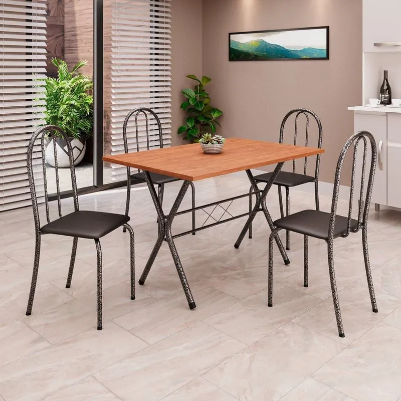 Conjunto De Mesa Tubular 62 100x60cm Tampo Em Mdfcom 4 Cadeiras Ane B Preto/liso/martelado Prata Preto Liso / Martelado Prata