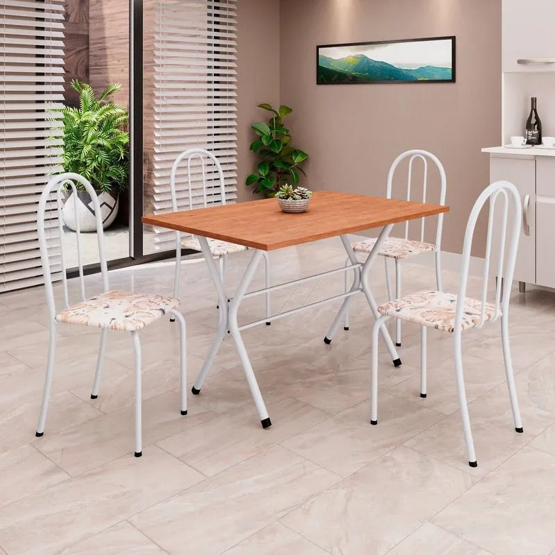 Conjunto De Mesa Tubular 62 100x60cm Tampo Em Mdf Com 4 Cadeiras Ane B Branco/botanic Bege Botanic Bege / Branco