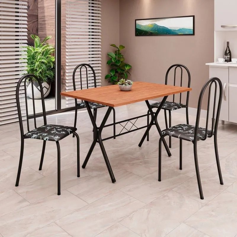 Conjunto De Mesa Tubular 62 100x60cm Tampo Em Mdf Com 4 Cadeiras Ane B Preto/floral/txt Floral Preto / Preto Txt