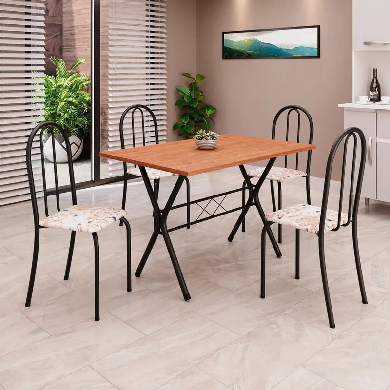 Conjunto De Mesa Tubular 100x60cm Tampo Em Mdf Com 4 Cadeiras Ane B Preto/botanic Bege Botanic Bege / Preto