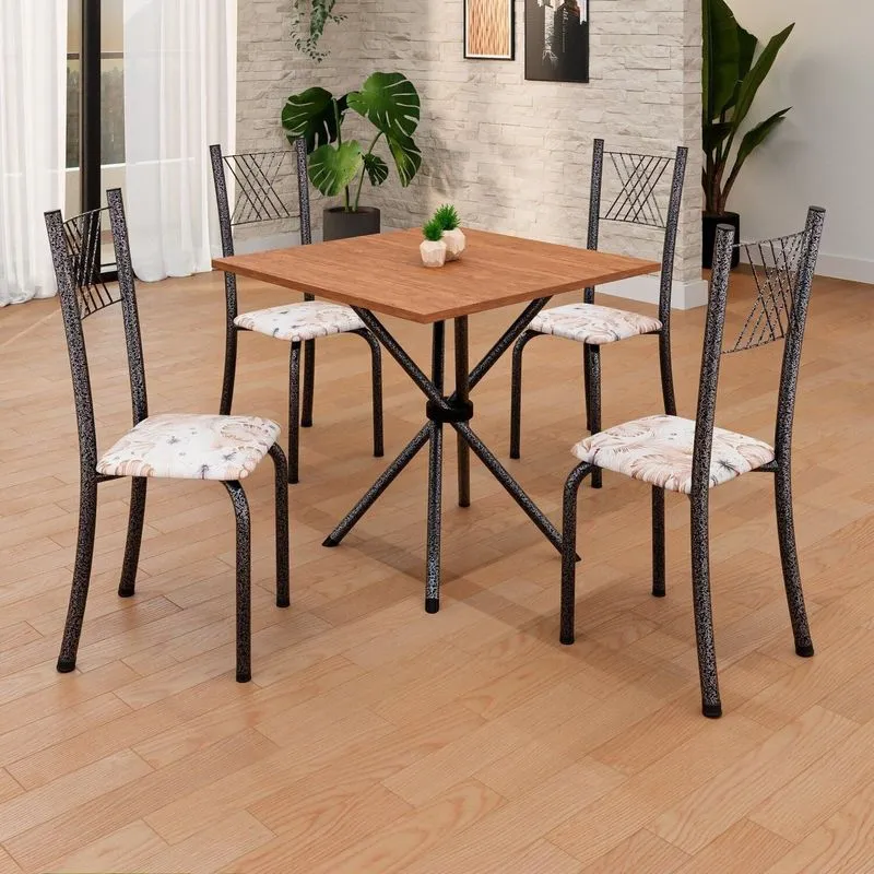 Conjunto De Mesa Tubular 70x70cm Tampo Em Mdf Cinamomo Com 4 Cadeiras Sara Prata/botanic Bege/mart Botanic Bege / Mart Prata