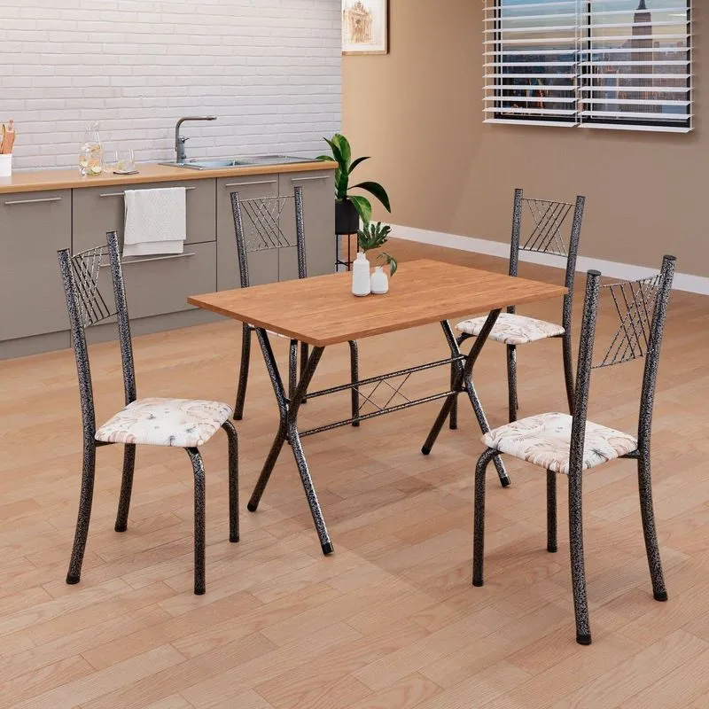 Conjunto De Mesa Tubular 062 100x60cm Tampo Em Mdf Com 4 Cadeiras Sara Prata/botanic Bege/mart Botanic Bege / Mart Prata