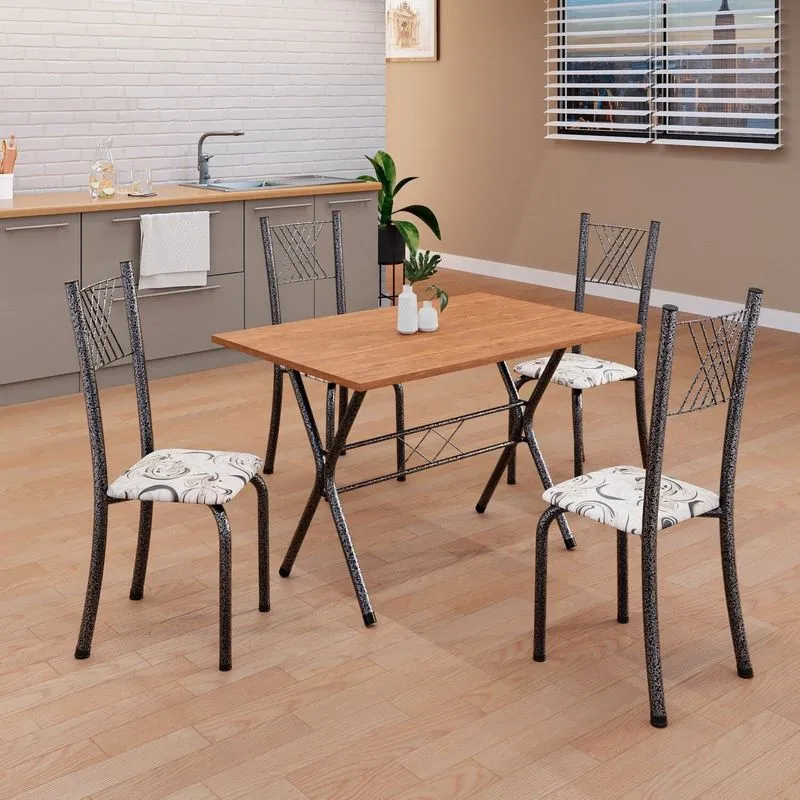 Conjunto De Mesa Tubular 062 100x60cm Tampo Em Mdf Com 4 Cadeiras Sara Prata/preto Liso/martelado Preto Liso / Martelado Prata