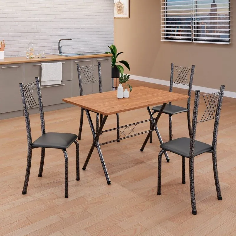 Conjunto De Mesa Tubular 062 100x60cm Tampo Em Mdf Com 4 Cadeiras Sara Prata/preto Liso/martelado Preto Liso / Martelado Prata