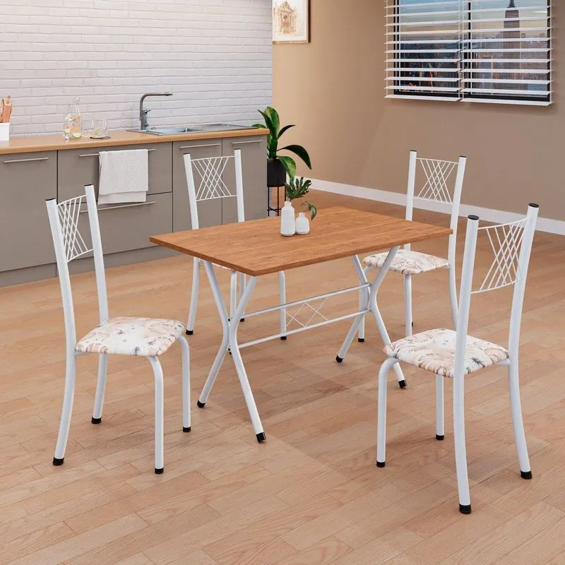 Conjunto De Mesa Tubular 062 100x60cm Tampo Em Mdf Com 4 Cadeiras Sara Branco/botanic Bege Botanic Bege / Branco