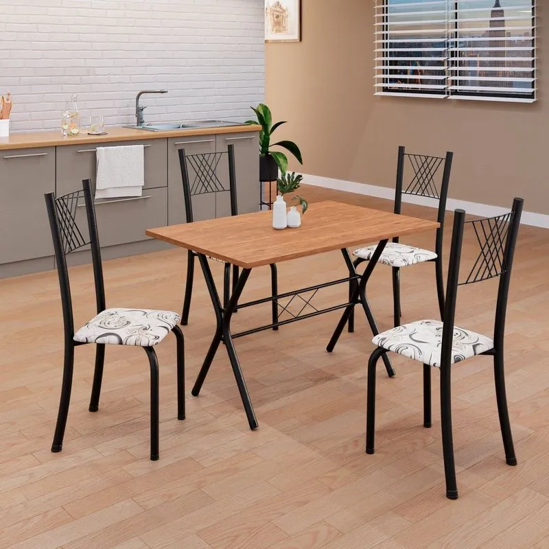 Conjunto De Mesa Tubular 062 100x60cm Tampo Em Mdf Com 4 Cadeiras Sara Preto/arabesco/txt Arabesco / Preto Txt
