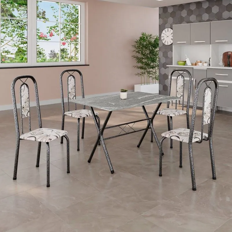 Conjunto De Mesa Tubular 100x60cm Tampo Em Granito Com 4 Cadeiras Lívia Prata/arabesco/mart Arabesco/ Mart Prata