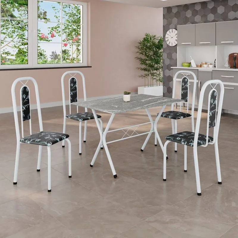 Conjunto De Mesa Tubular 100x60cm Tampo Em Granito Com 4 Cadeiras Lívia Branco/preto Floral Preto Floral / Branco