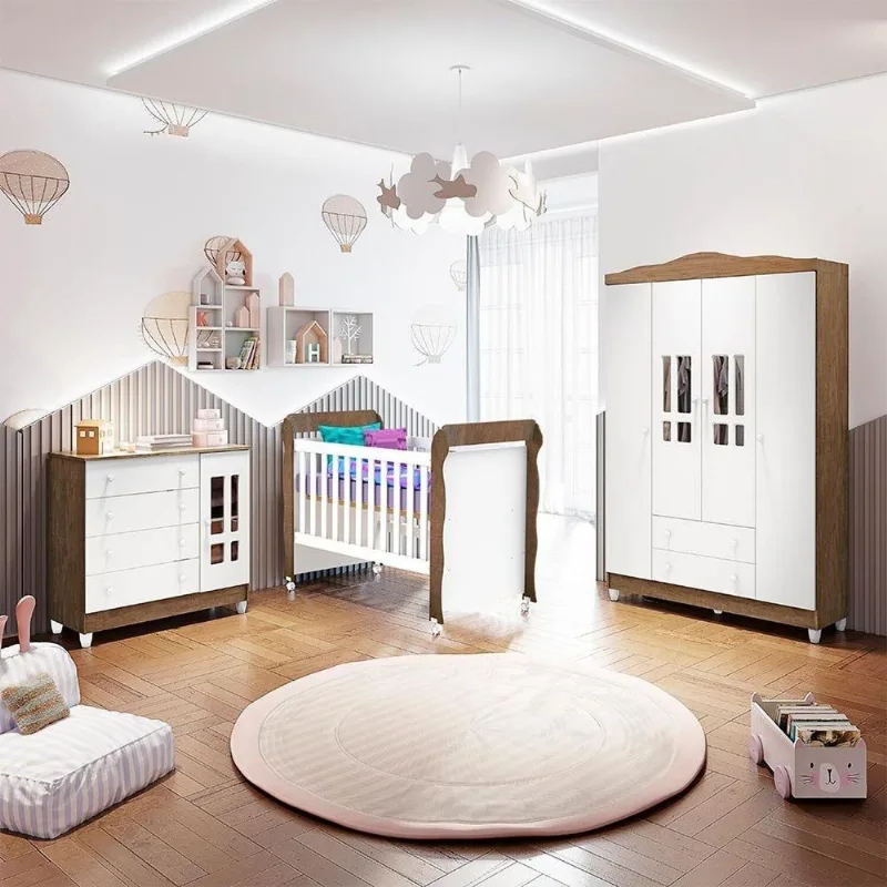 Quarto Bebê Completo Berço 3 em 1 Mirelle Guarda Roupa 4 Portas Cômoda 4 Gavetas 1 Porta MDF Branco/Bétula Branco/ Bétula