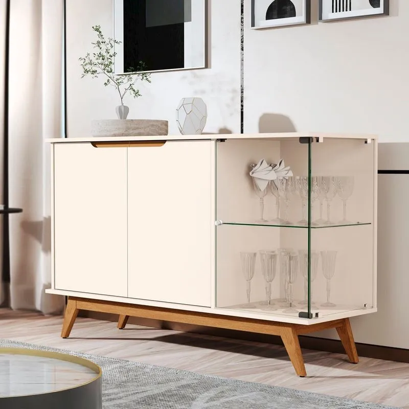 Buffet Aparador 2 Portas Puxador Usinado Vidro Temperado Pés Em Madeira Maciça 100% Mdf 136cm Linha 2025 Bege Off White
