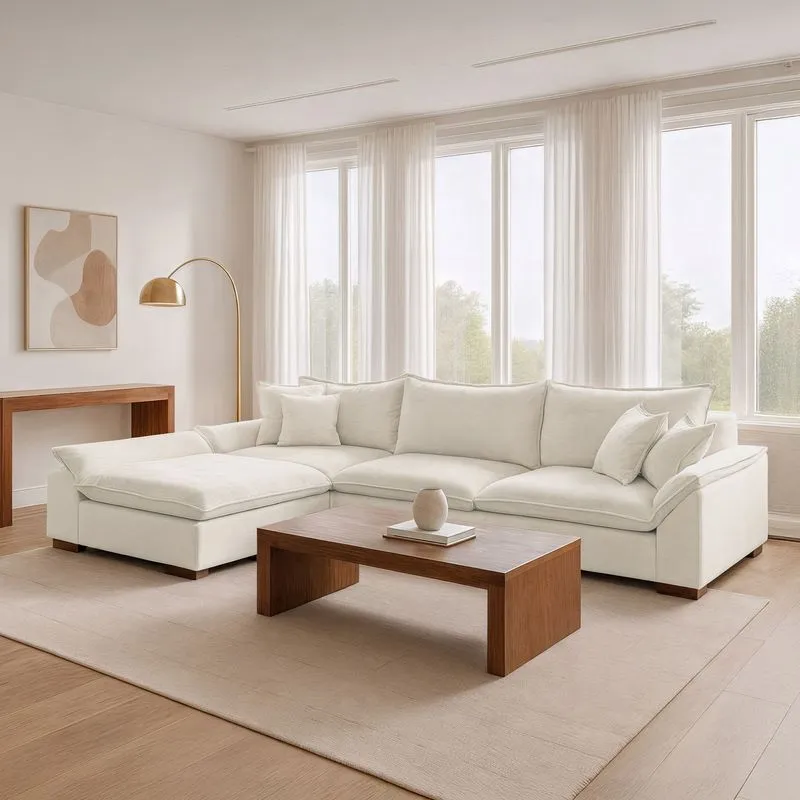 Sofá De Canto 6 Lugares Com Chaise Modulado Esquerdo 320cm Bouclé Branco Dominique Branco