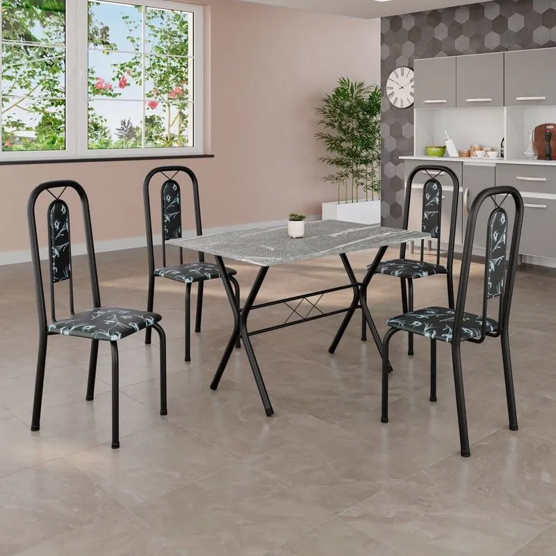 Conjunto De Mesa Tubular 100x60cm Tampo Em Granito Topázio Com 4 Cadeiras Lívia Preto Preto