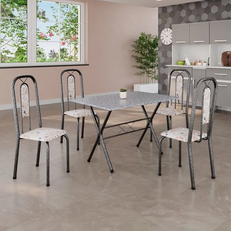 Conjunto De Mesa Tubular 100x60cm Tampo Em Granito Ocre Com 4 Cadeiras Lívia Prata/botanic Bege/mart Botanic Bege / Mart Prata