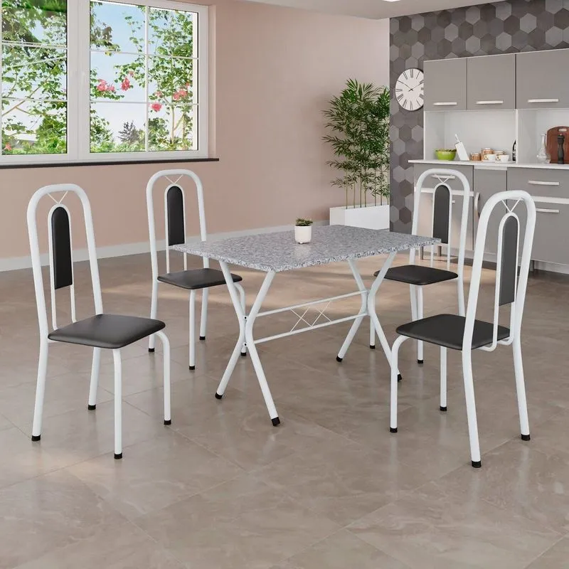 Conjunto De Mesa Tubular 100x60cm Tampo Em Granito Ocre Com 4 Cadeiras Lívia Branco/preto Preto
