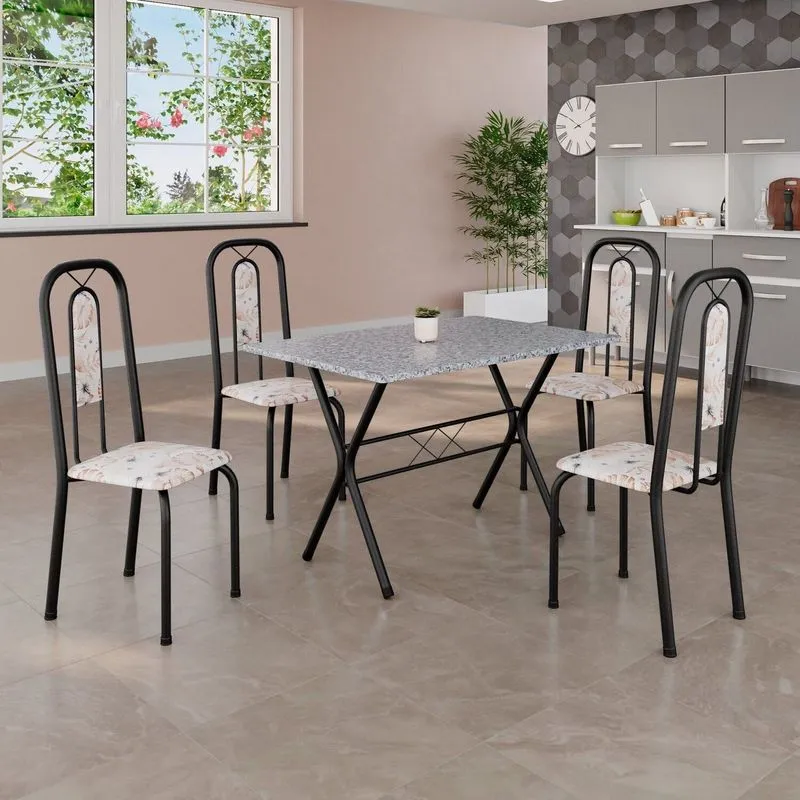 Conjunto De Mesa Tubular 100x60cm Tampo Em Granito Ocre Com 4 Cadeiras Lívia Bege/botanic/preto Botanic Bege / Preto
