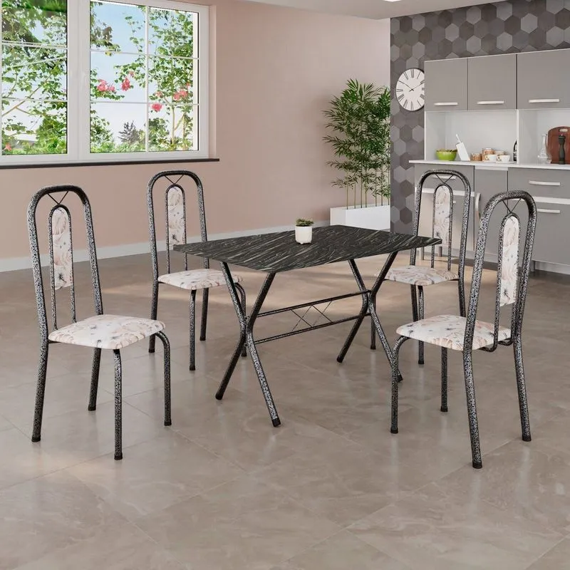 Conjunto De Mesa Tubular 100x60cm Tampo Em Ardósia Com 4 Cadeiras Lívia Prata/botanic Bege/mart Botanic Bege / Mart Prata