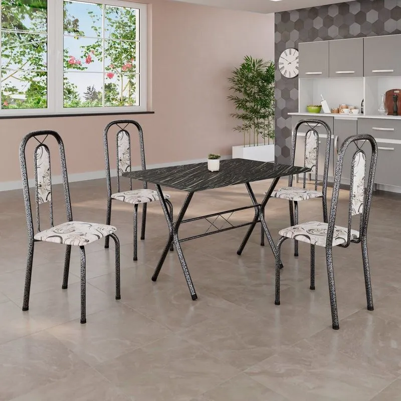 Conjunto De Mesa Tubular 100x60cm Tampo Em Ardósia Com 4 Cadeiras Lívia Prata/arabesco/mart Arabesco/ Mart Prata