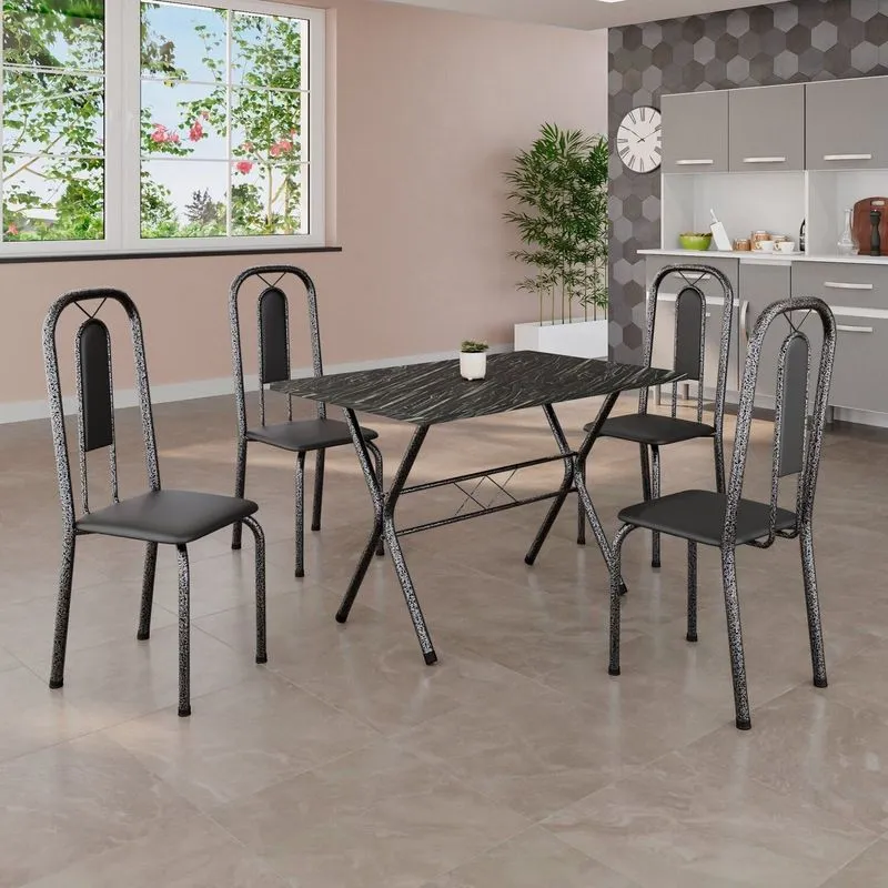 Conjunto De Mesa Tubular 100x60cm Tampo Em Ardósia Com 4 Cadeiras Lívia Prata/preto/martelado Preto/ Martelado Prata