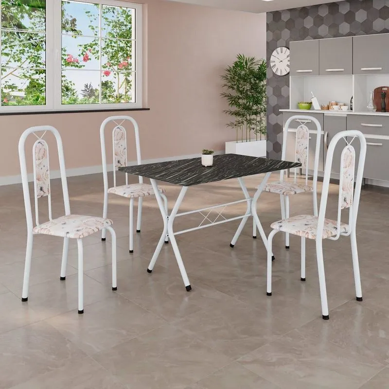 Conjunto De Mesa Tubular 100x60cm Tampo Em Ardósia Com 4 Cadeiras Lívia Branco/botanic Bege Botanic Bege / Branco
