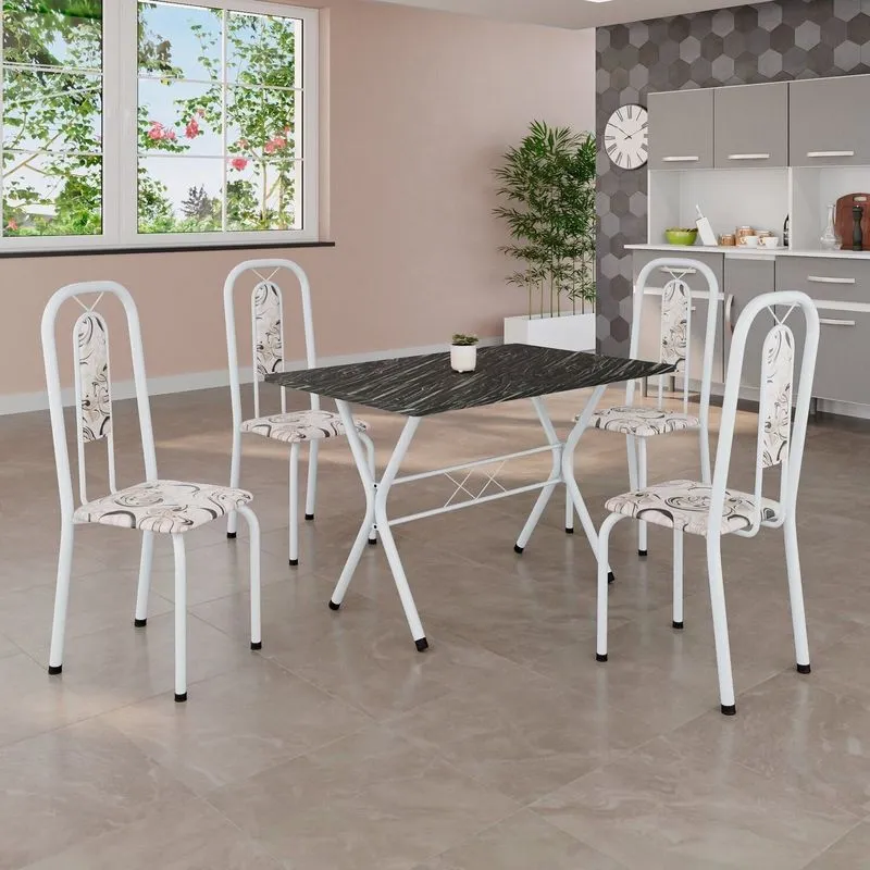 Conjunto De Mesa Tubular 100x60cm Tampo Em Ardósia Com 4 Cadeiras Lívia Branco/arabesco Arabesco/ Branco