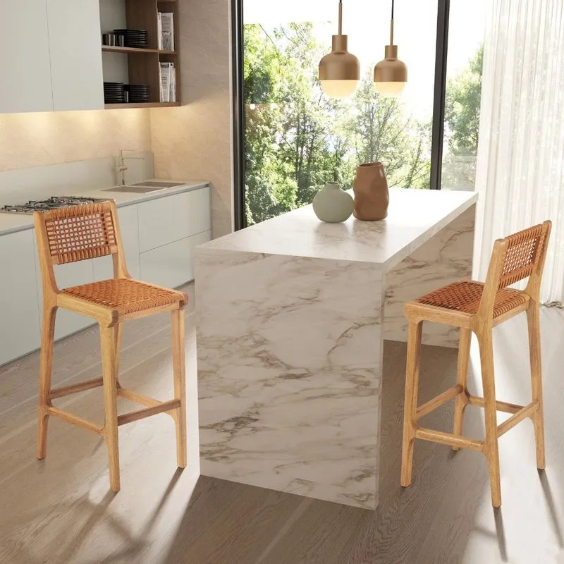 Banqueta Alta 75cm Assento Madeira Eucalipto Corda Náutica Ocre Laranja Linha Traço Bege/stain Jatobá Stain Jatobá/corda Ocre Laranja
